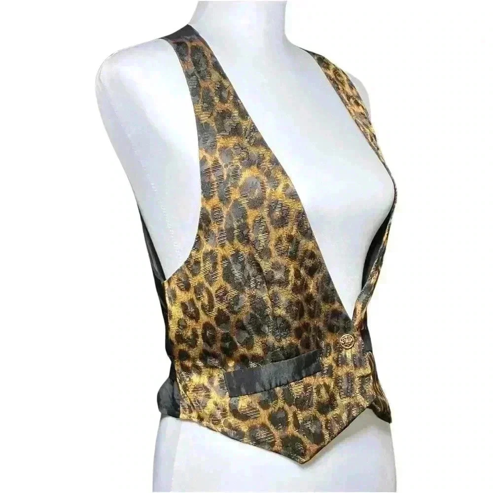 Vintage 80s Leopard Cheetah Cropped Satin Vest Brass Buttons. Retro Funky. S/M. - Picture 3 of 10